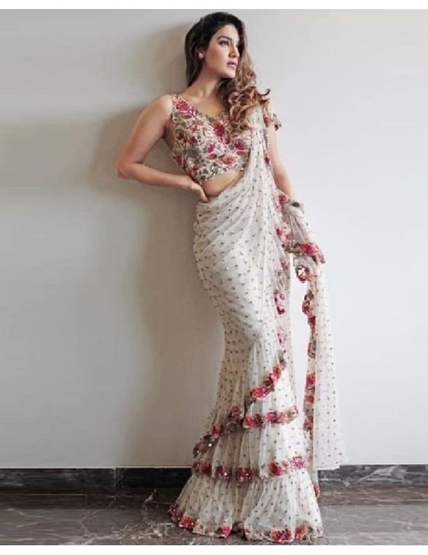 Manushi Chillar - White Net Elm Pre-draped Ruffle Saree With Blouse | Deval  The Multi Designer Store