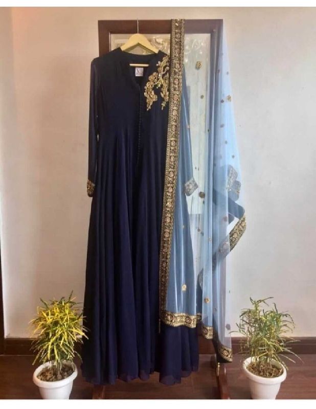 Pleasant Neavy Blue Coloured Georgette Gown, Occasion : Wedding Wear