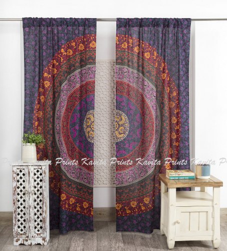 Cotton Mandala Curtain Panels, Color : Purple