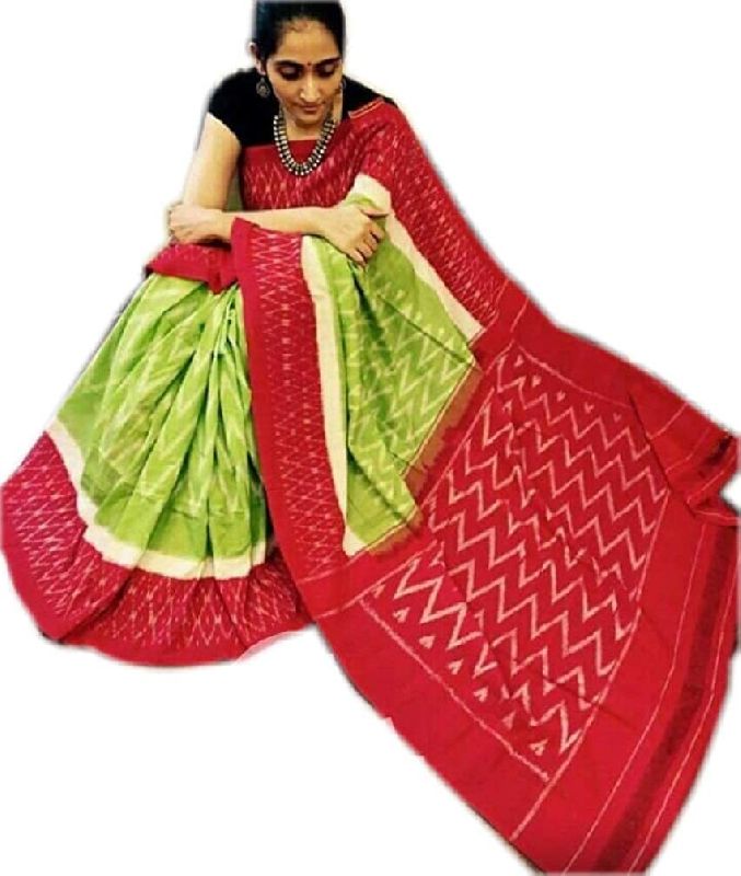 Red and Green with Zig Zag Design Pure Cotton Mulmul Printed Sarees