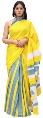 Yellow Grey Pure Cotton Mulmul Printed Sarees