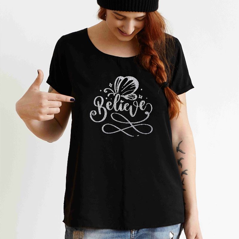Ladies Silver Vinyl Believe Printed T-shirt