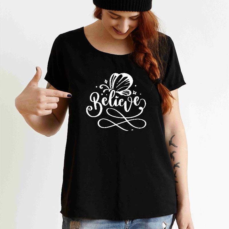 Ladies White Vinyl Believe Printed T-shirt, Feature : Comfortable, Easily Washable