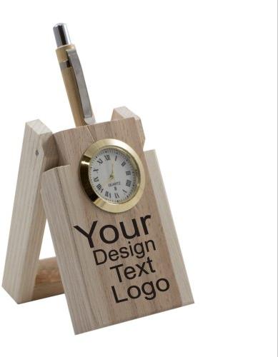 Wooden Pen Stand With Clock