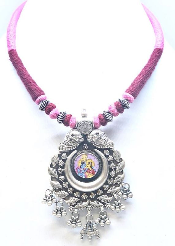 Antique Silver Radha Krishna Necklace, Color : Pink magenta