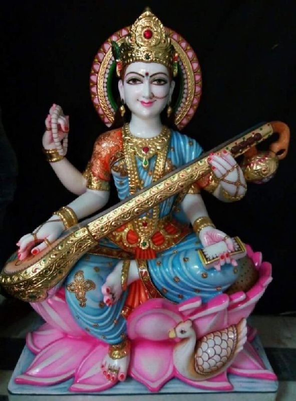 Marble Saraswati Mata Statue, for Worship, Temple, Pattern : Painted