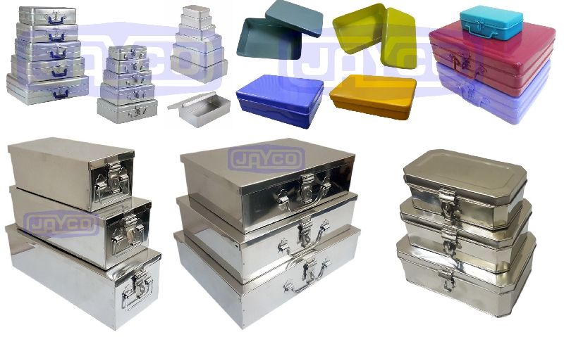 JAYCO Rectangle Aluminum Alu Hinged Tin Box, for Industrial Use, Packaging, Pattern : Plain