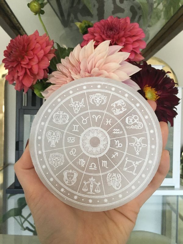 selenite zodiac wheel energy plate healing crystal palm disc