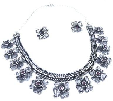Dulcett German Silver Oxidized Floral Necklace Set
