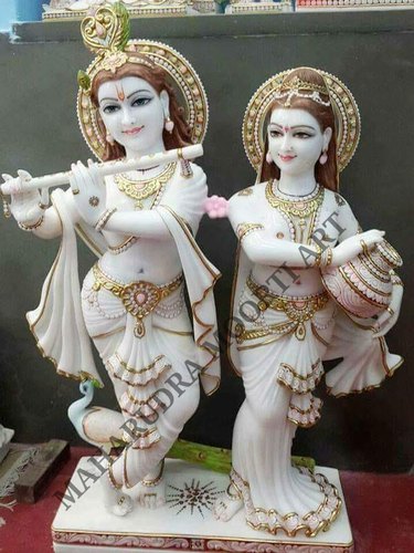2 Feet Marble Radha Krishna Statue, Technique : Carved