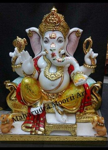 Marble Lord Ganesha Sitting Statue, for Temple, Workship, Size : 18 Inch (Height)