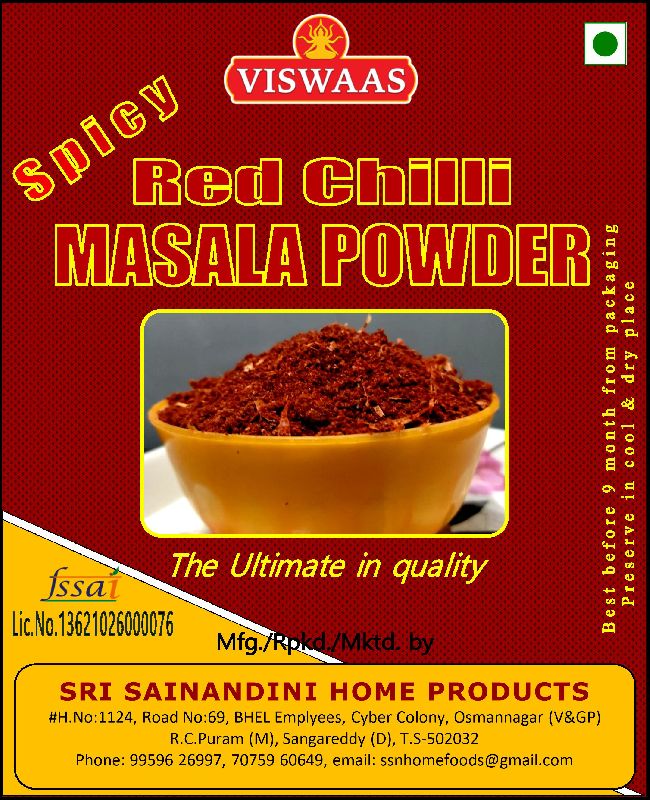 Viswaas Natural Red Chilli Masala Powder, Packaging Type : Plastic Pouch, Plastic Packet, Plastic Box