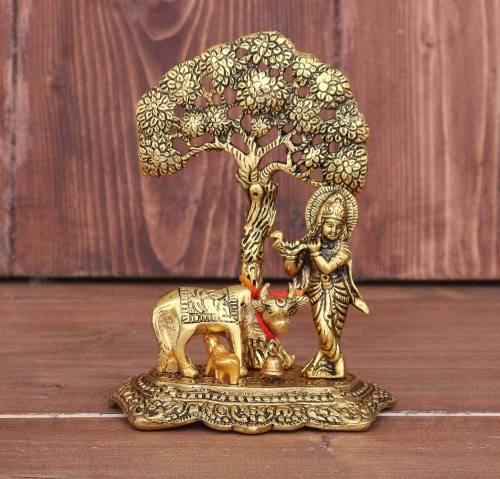 Plain Polished Copper Brass Radha Krishna Murti, for Interior Decor, Office, Home, Gifting, Garden, Religious Purpose