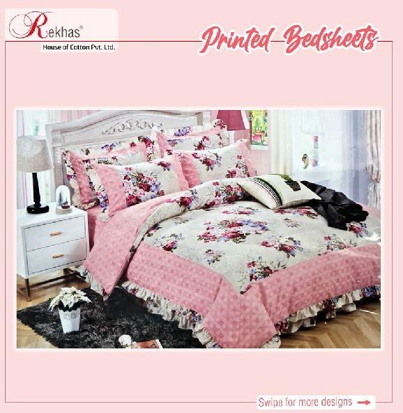 Rekhas Premium 100% Cotton Printed Bedsheet Pink and White color