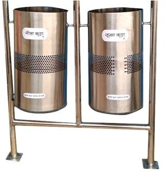 Round Stainless Steel Twin Bin Dustbin, for Outdoor Trash, Refuse Collection