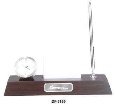 Wooden Table Clock Pen Holder