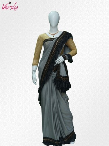 Varsha Plain Ruffle Silk Saree, Packaging Type : Box