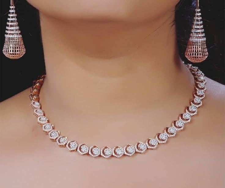 Weeding And Party Wear Rose Gold Real Diamond Necklace Set