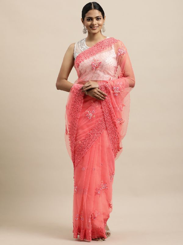 1485 Net Peach Embroidered Saree