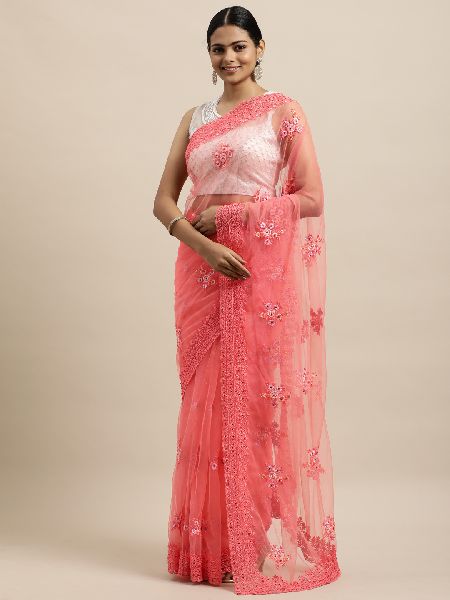 1485 Net Peach Embroidered Saree