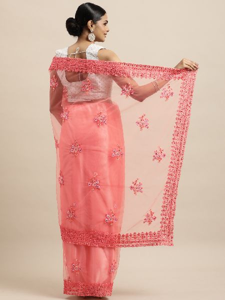 1485 Net Peach Embroidered Saree