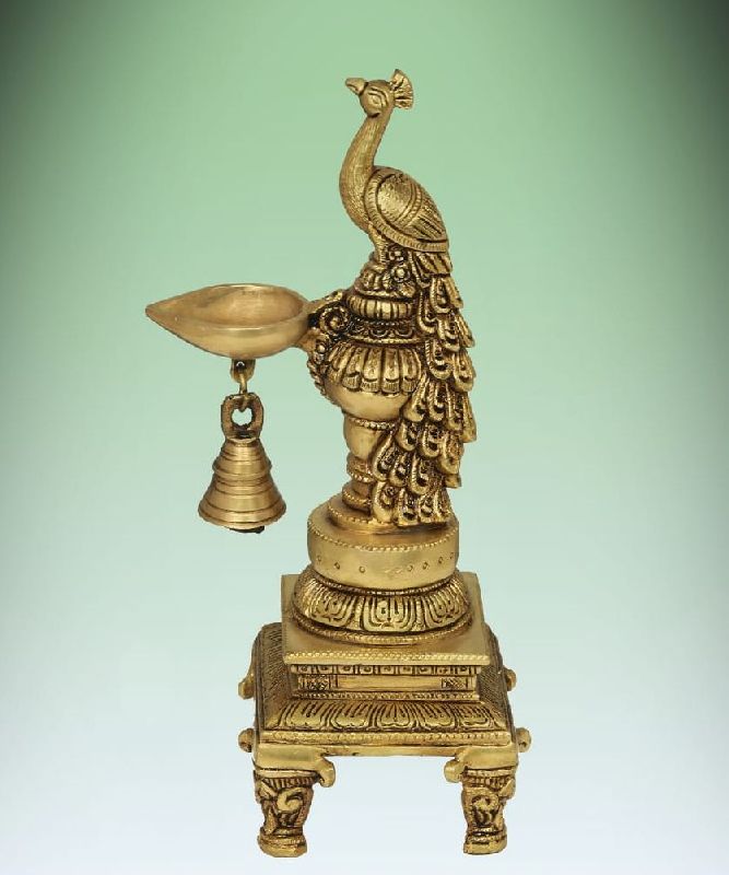 11 Inch Brass Peacock Oil Lamp, for Home, Packaging Type : Thermocol Box