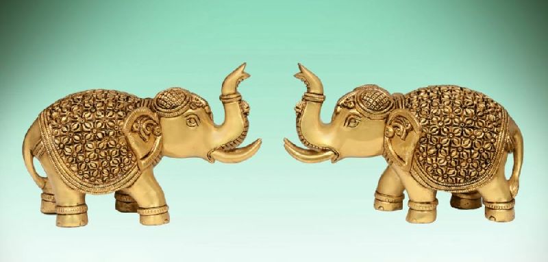 6 Inch Brass Elephant Pair Statue, Color : Golden
