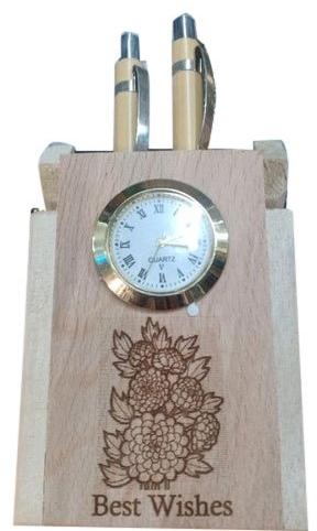 Wooden Clock Pen Holder, Color : Brown