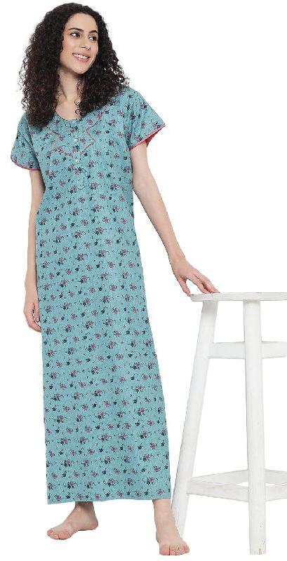 G4Girl Cotton Nighty Gown For Women's (Free Size, Sky Blue)