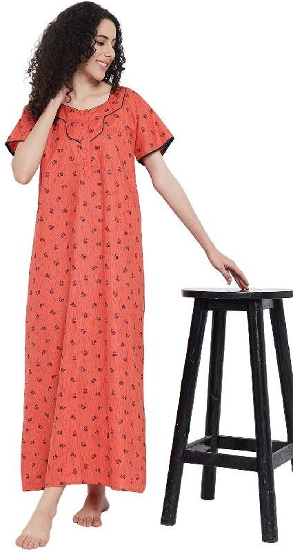 G4Girl Cotton Nighty Gown For Women's (Free Size, Orange)