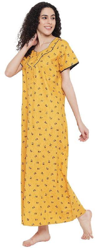 G4Girl Cotton Nighty Gown For Women's (Free Size, Yellow)