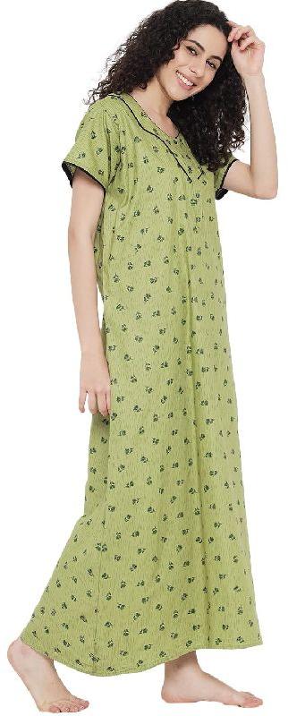 G4Girl Cotton Nighty Gown For Women's (Free Size, Green)