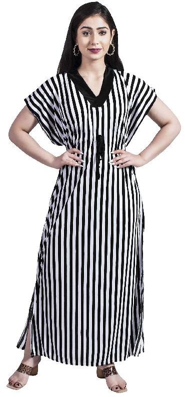 G4Girl Women Satin Maxi Kaftan Nighty Gown (Free Size, Line Black)