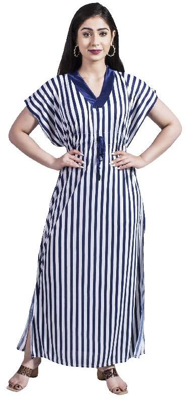 G4Girl Women's Silk Geometric Print Maxi Nighty (night Gown_Line Blue_Free Size)