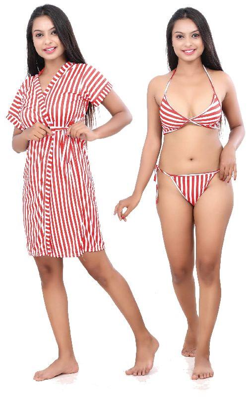 G4Girl Women Jakcet Nighty With Lingerie Set (Free Size, Red Black) (Free Size, Red)