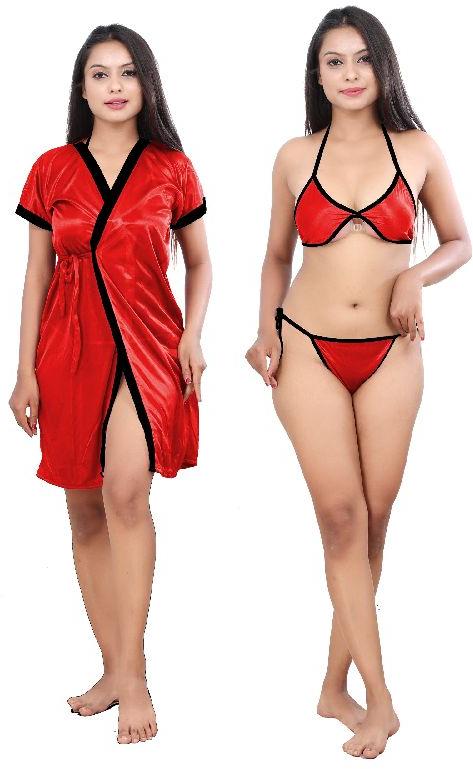 G4Girl Women Jakcet Nighty With Lingerie Set (Free Size, Red Black)