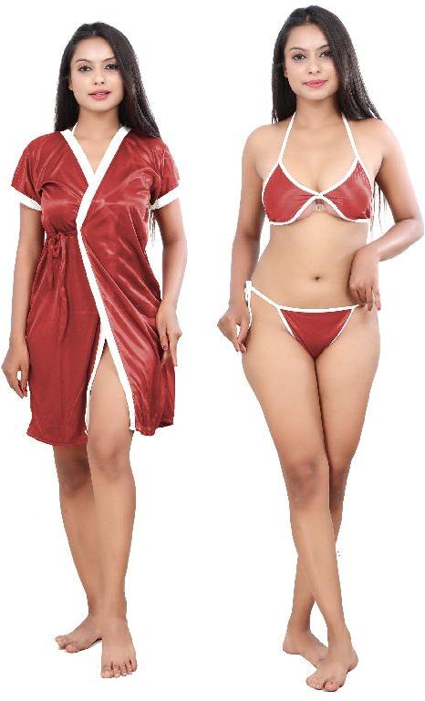 G4Girl Women Jakcet Nighty With Lingerie Set (Free Size, Maroon White)