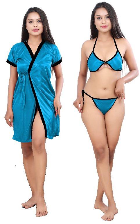 G4Girl Women Jakcet Nighty With Lingerie Set (Free Size, Sky Black)