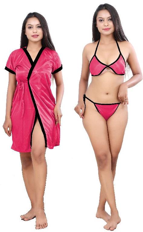 G4Girl Women Jakcet Nighty With Lingerie Set (Free Size, B Pink)