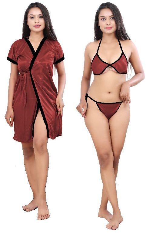G4Girl Women Jakcet Nighty With Lingerie Set (Free Size, B Maroon)
