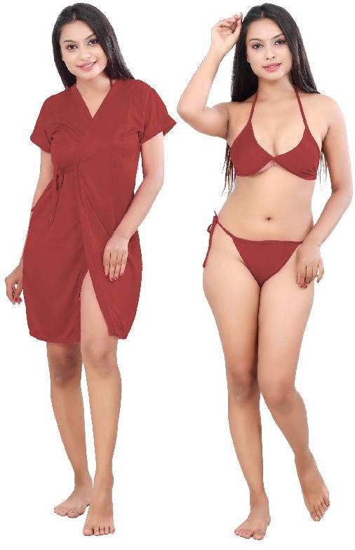 G4Girl Women Jakcet Nighty With Lingerie Set (Free Size, Maron)