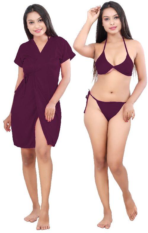 G4Girl Women Jakcet Nighty With Lingerie Set (Free Size, Purple)