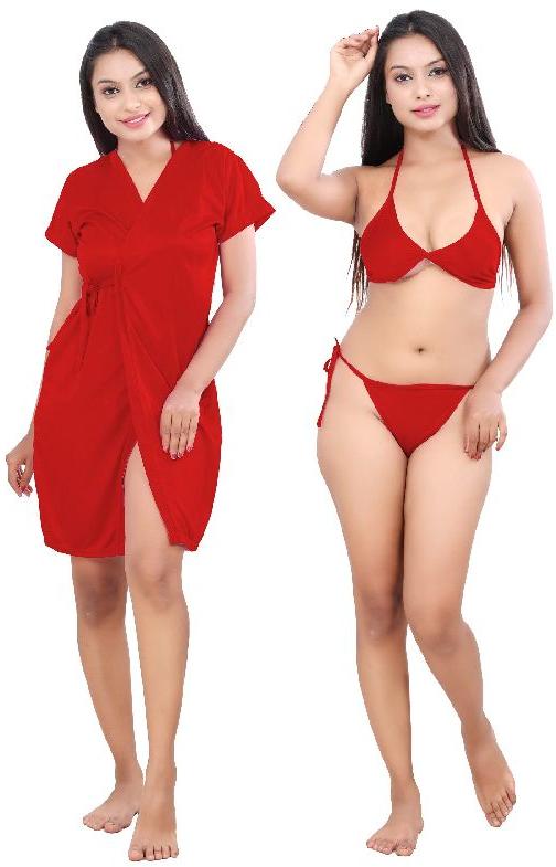 G4Girl Women Jakcet Nighty With Lingerie Set (Free Size, Red)