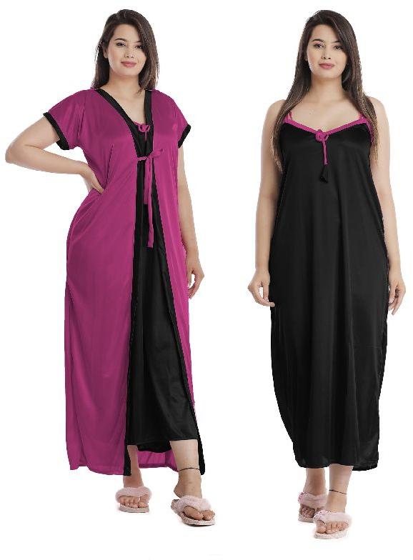 G4Girl Women Jakcet Set Nighty Gown (Free Size, Rani and Black)
