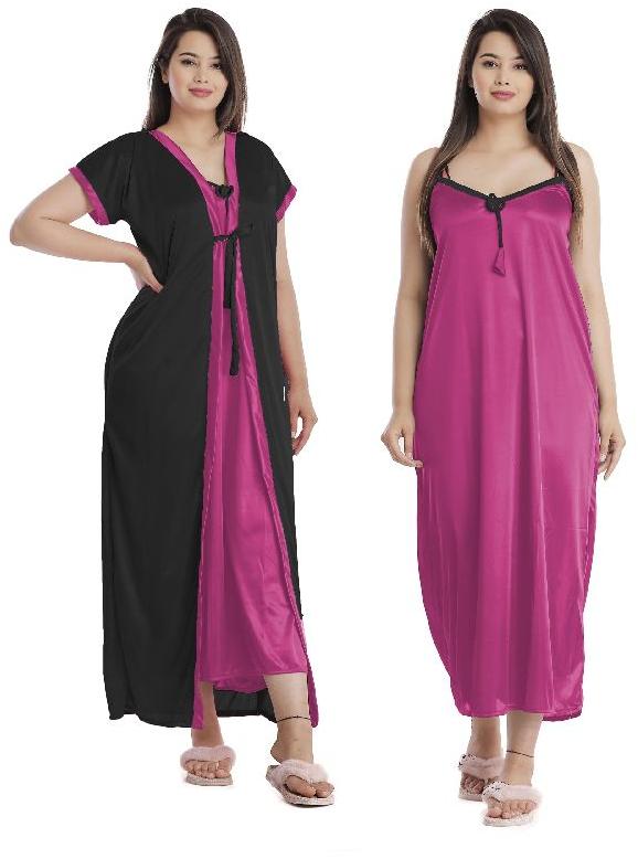 G4Girl Women Jakcet Set Nighty Gown (Free Size, Black N Rani)