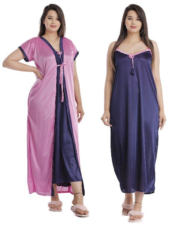 G4Girl Women Jakcet Set Nighty Gown (Free Size, Pink N Blue)