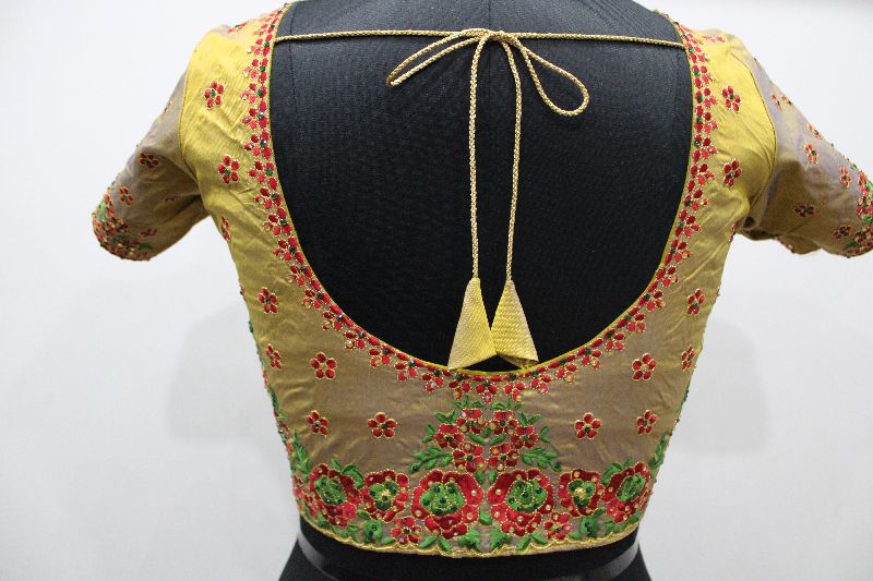 Peach Finished Embroidery gold color blouse piece, Style : Jacquard