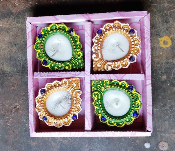 Clay Hand Painted Wax Diya, for Decoration Use, Packaging Type : Box