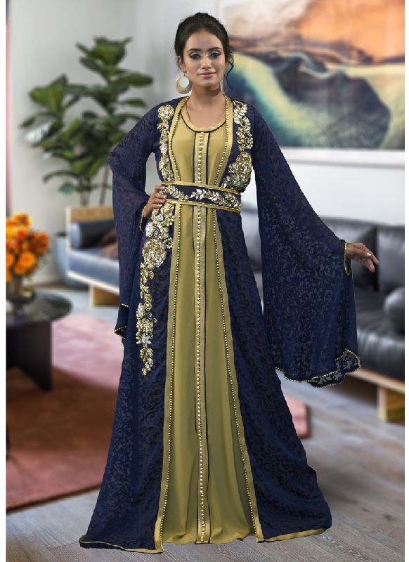 Dark Blue Color Moroccan Style Kaftan, Specialities : Stone Work, Embroidered, Dry Cleaning