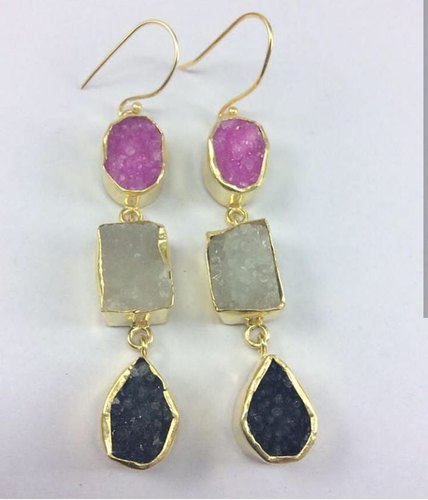 Brass Electroplated Druzy Earrings, Color : Golden